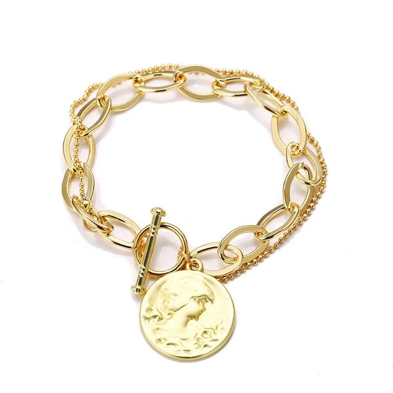 Simulated Pearl Bracelet Round Coin Charm Chains
