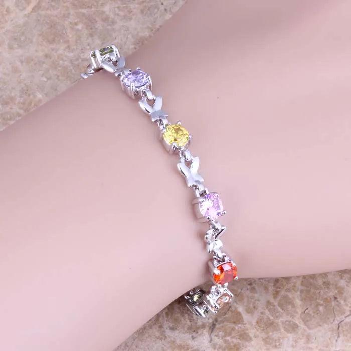 Purple CZ Silver Plated Chain Bracelet 6.5-7.5 inch