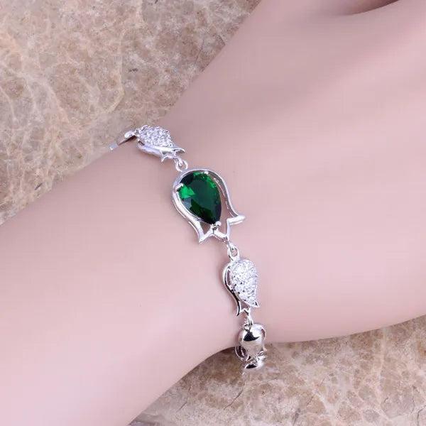Green CZ Silver Plated Link Chain Bracelet 6.5 - 8 inch