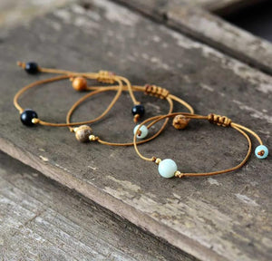 Boho Stone Bead Bracelet on Wax Cord, Birthday Gift Jewelry