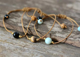 Boho Stone Bead Bracelet on Wax Cord, Birthday Gift Jewelry
