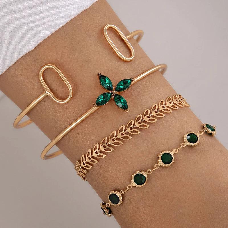 Vintage Green Brick Flower Leaf 4pc Bracelet Set for Women