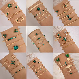 Vintage Green Brick Flower Leaf 4pc Bracelet Set for Women