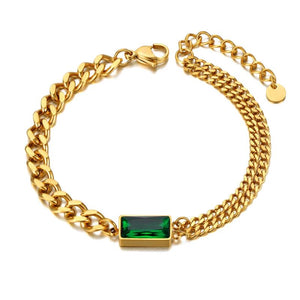 Stainless Steel Green CZ Charm Bracelet 18K Plated Bohemia Chain JB21147