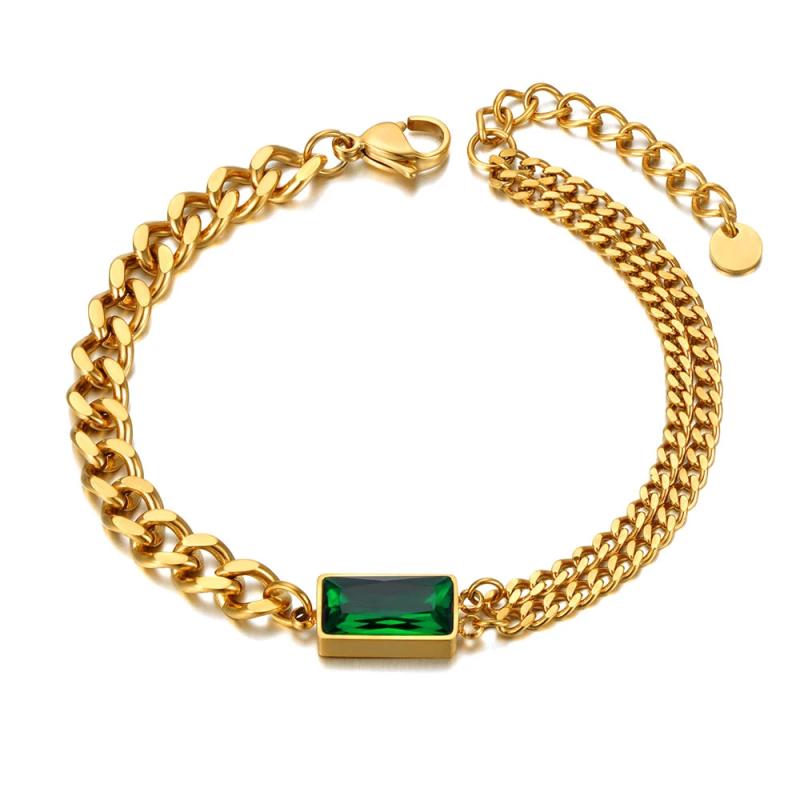 Stainless Steel Green CZ Charm Bracelet 18K Plated Bohemia Chain JB21147
