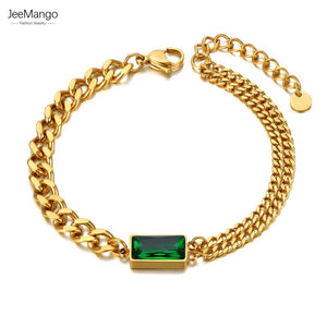 Stainless Steel Green CZ Charm Bracelet 18K Plated Bohemia Chain JB21147