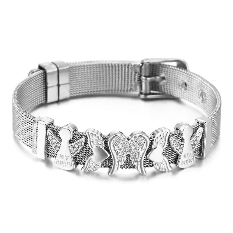 Stainless Steel Mesh Bracelet with CZ Angel Beads Bangle