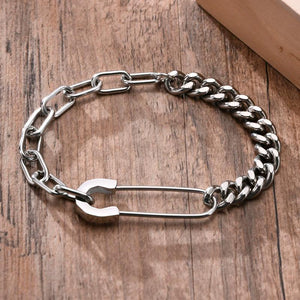 Stainless Steel Safety Pin Half Cuban Chain Bracelet for Men