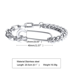 Stainless Steel Safety Pin Half Cuban Chain Bracelet for Men
