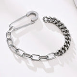 Stainless Steel Safety Pin Half Cuban Chain Bracelet for Men