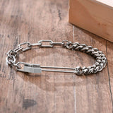Stainless Steel Safety Pin Half Cuban Chain Bracelet for Men