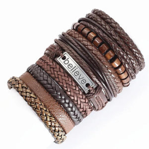 Weave Circle Flower Feather Men Leather Bracelets Women Bangles 10 Pcs/set