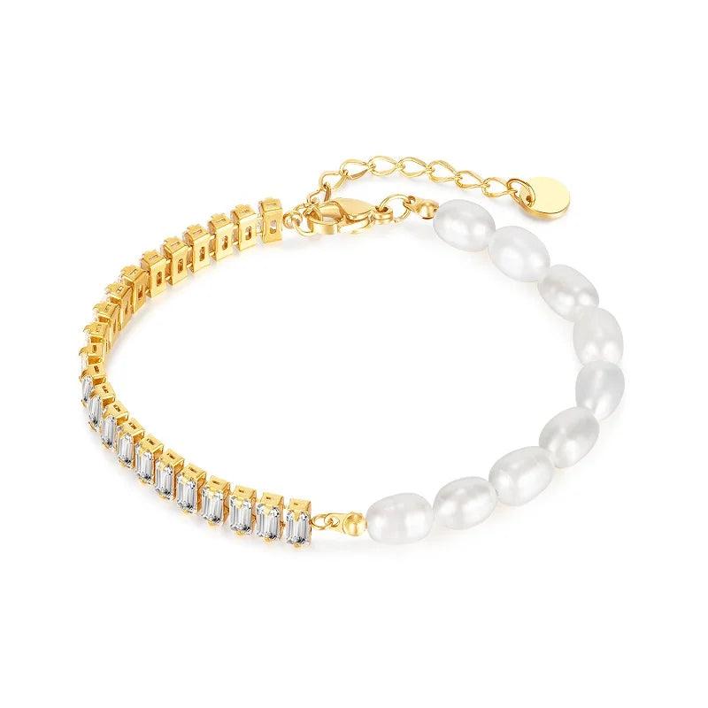 Zircon Beaded Bracelet Half Pearl Half Titanium Steel