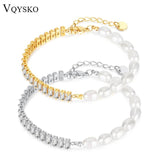 Zircon Beaded Bracelet Half Pearl Half Titanium Steel