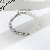 Zircon Beaded Bracelet Half Pearl Half Titanium Steel