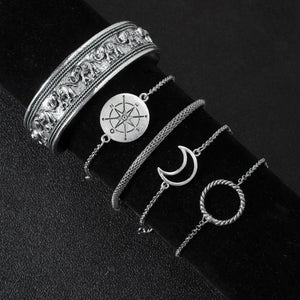 Vintage Alloy Bracelet Set Moon Compass Circle Ethnic Elephant Bangle