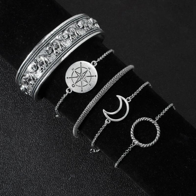 Vintage Alloy Bracelet Set Moon Compass Circle Ethnic Elephant Bangle