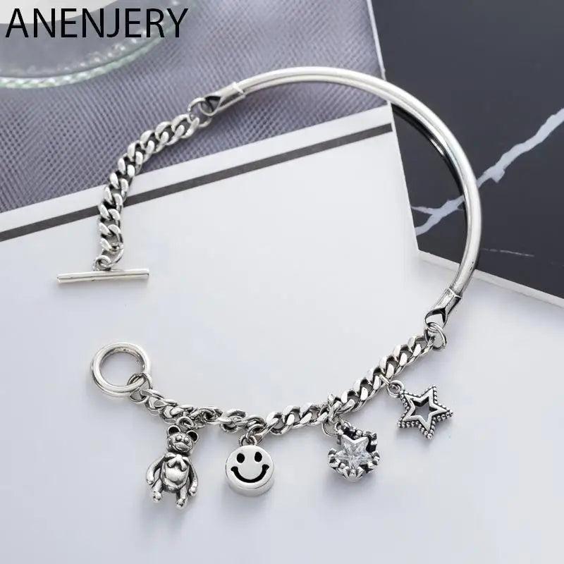 Vintage Little Bear Smile Star Pendant Thai Silver Bracelet Charm