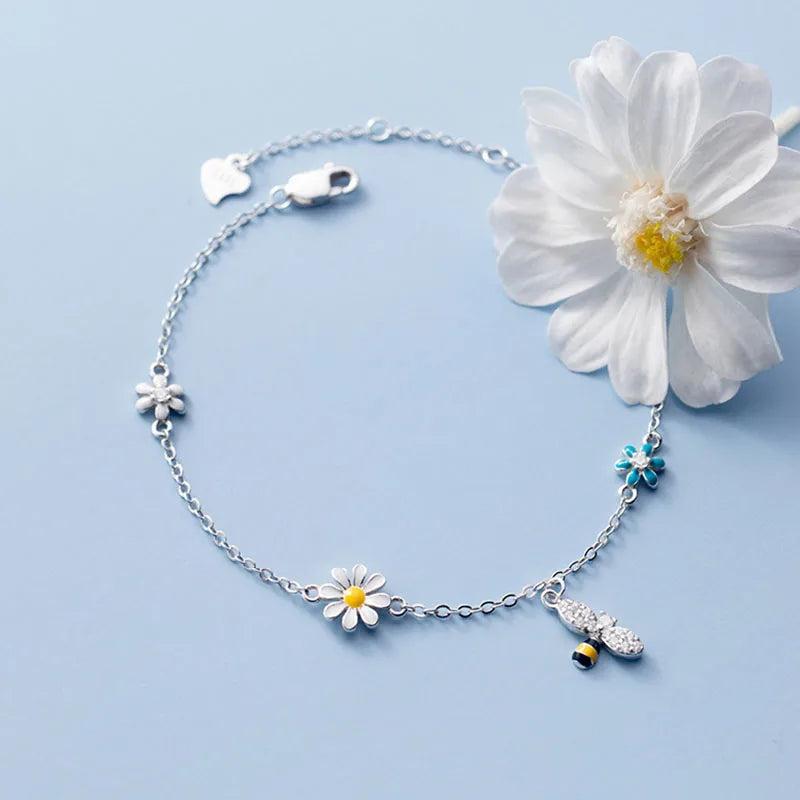 Silver Flower Bee Bracelet Zircon Chain Sweet