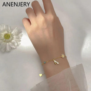 Silver Flower Bee Bracelet Zircon Chain Sweet
