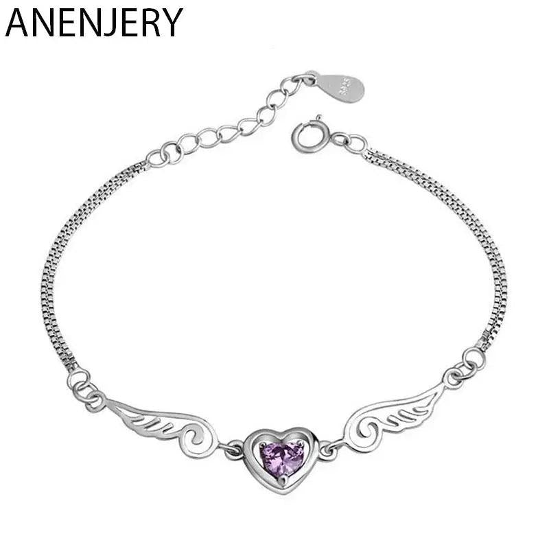 Silver Zircon Angel Wings Heart Bracelet for Women