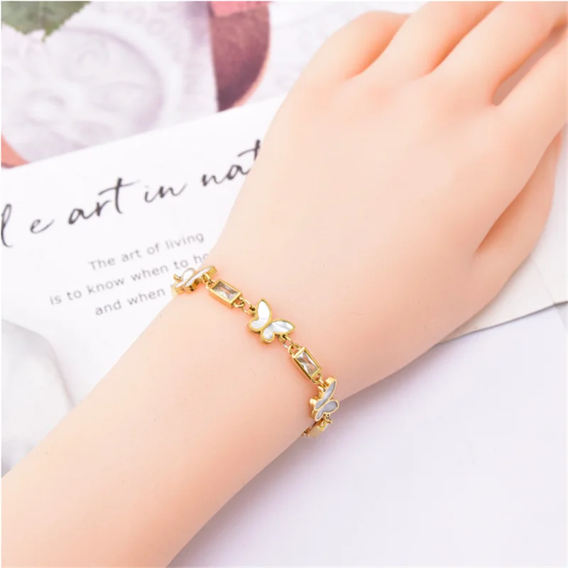 316L Stainless Steel Crystal Natural Shell Butterfly Bracelet for Women Girls