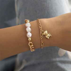 Irregular Baroque Pearl Chain Bracelets Set for Women Bear Pendant Bangles