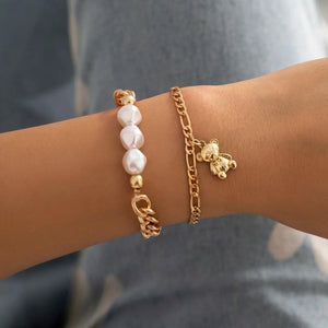 Irregular Baroque Pearl Chain Bracelets Set for Women Bear Pendant Bangles