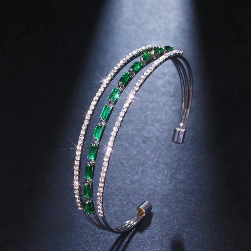 JMK Emerald 3 Layers Silver Bracelet Cubic Zircon Women Bridal Jewelry