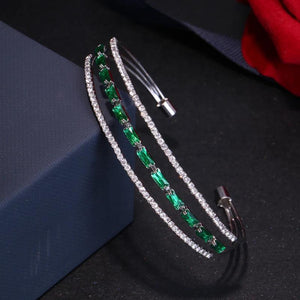 JMK Emerald 3 Layers Silver Bracelet Cubic Zircon Women Bridal Jewelry