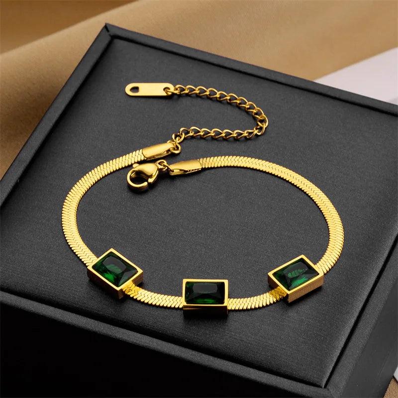 316L Stainless Steel Green Crystal Bracelet Snake Chain Wrist Jewelry