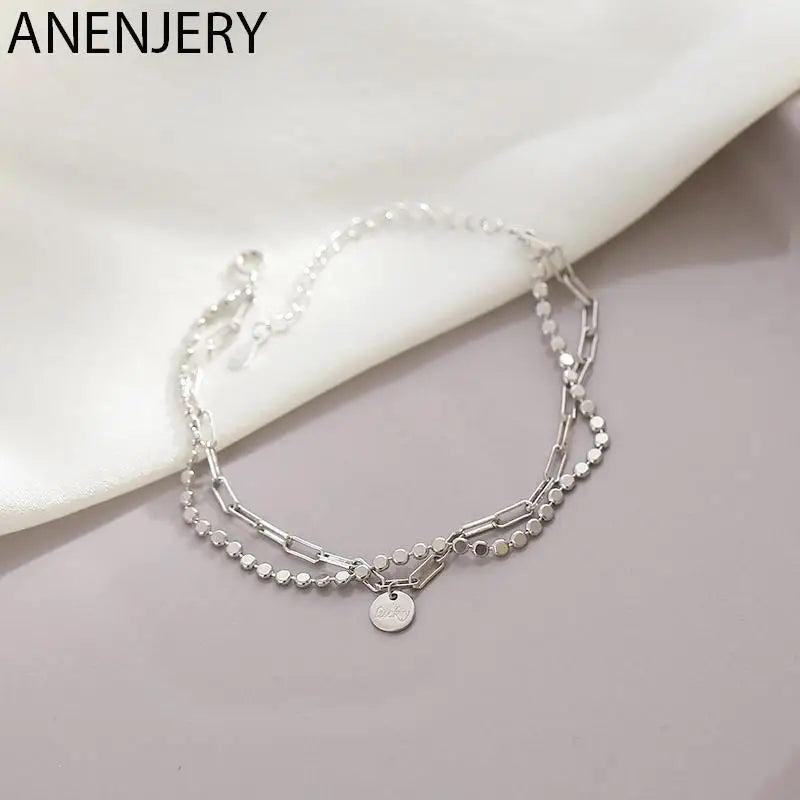 Silver Double Layer Round Disc Lucky Pendant Bracelet for Women