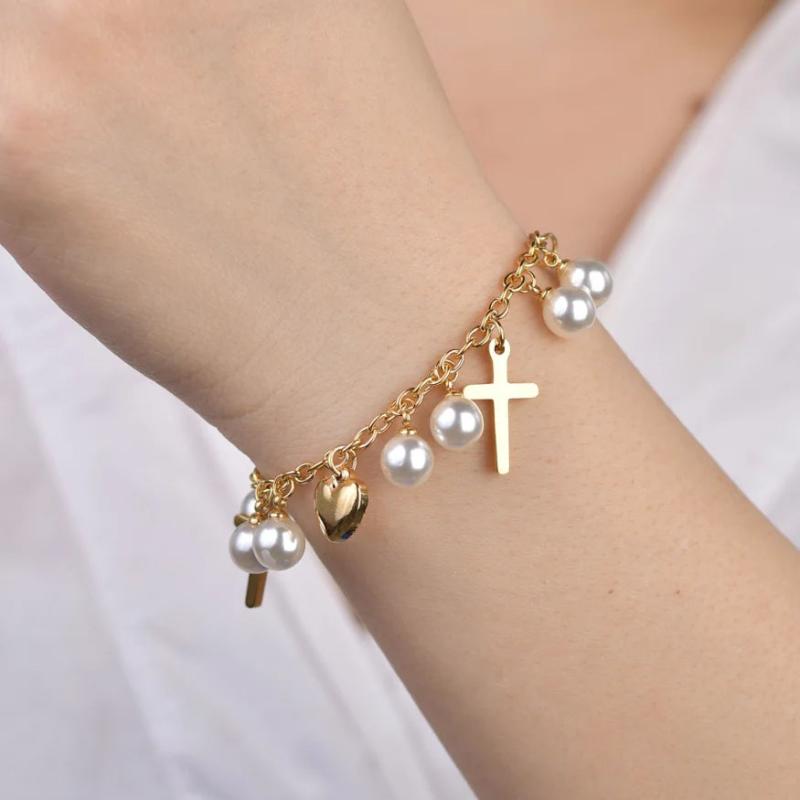Bohemia Vintage Pearl Cross Heart Charm Chain Bracelet