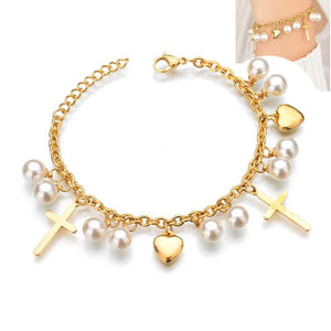 Bohemia Vintage Pearl Cross Heart Charm Chain Bracelet