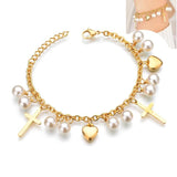 Bohemia Vintage Pearl Cross Heart Charm Chain Bracelet