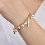 Bohemia Vintage Pearl Cross Heart Charm Chain Bracelet
