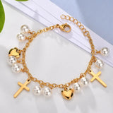 Bohemia Vintage Pearl Cross Heart Charm Chain Bracelet