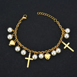 Bohemia Vintage Pearl Cross Heart Charm Chain Bracelet