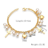 Bohemia Vintage Pearl Cross Heart Charm Chain Bracelet