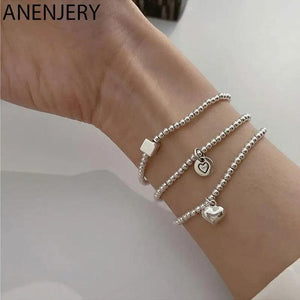 Silver Squ Heart Pendant Bracelet Beads Chain