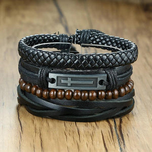 Men's Leather Bracelet Set Wide Wristband Cross Charm Punk Jewelry