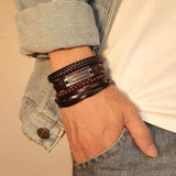 Men's Leather Bracelet Set Wide Wristband Cross Charm Punk Jewelry