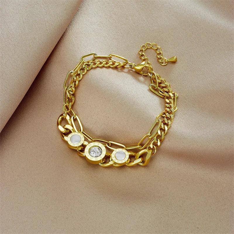 LAMENGLY 2-Layer Roman Numeral Dial Zircon Bracelet for Women