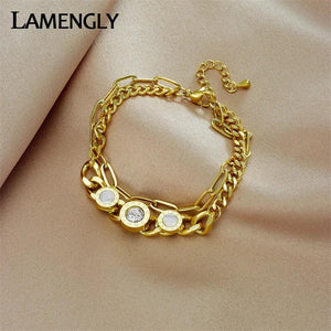 LAMENGLY 2-Layer Roman Numeral Dial Zircon Bracelet for Women