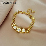 LAMENGLY 2-Layer Roman Numeral Dial Zircon Bracelet for Women