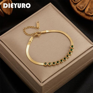Vintage Green Crystal Bracelet for Women, Stainless Steel Chain Jewelry