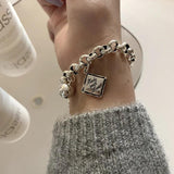 ANENJER Retro Distressed Heart Square Pendant Bracelet for Women