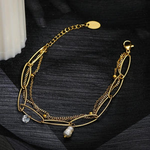 WILD & Stainless Steel Layered Bracelets Zircon Pearl Charm Jewelry