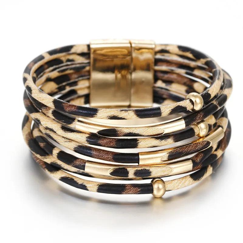 Leopard Leather Bracelets for Women Multilayer Wide Wrap Bracelet