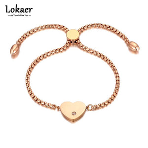 Titanium Stainless Steel Heart Charm Bracelet Women Girls Rose Plated Adjustable